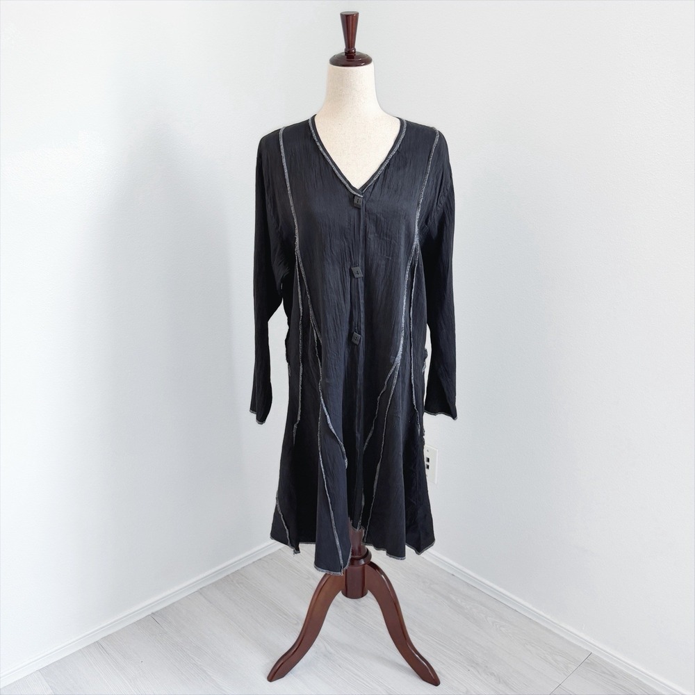 Bodil Kimono Womens Large Black Crinkle Textured Lagenlook Duster Minimal Luxury